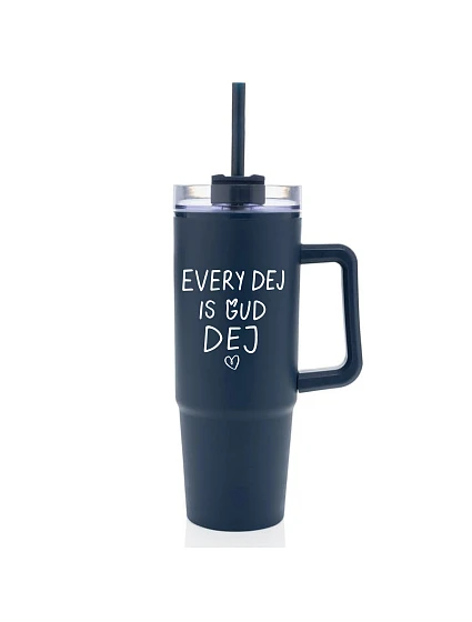 EVERY DEJ IS GUD DEJ - tmavě modrý cestovní hrnek s průhledným víčkem 900 ml