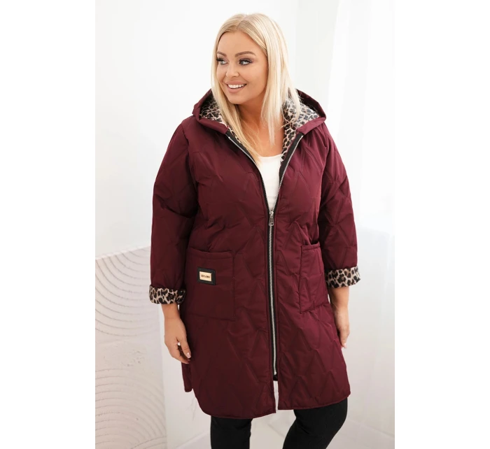 Dámská prošívaná bunda Plus Size s podšívkou v leopardím vzoru a kapucí bordová
