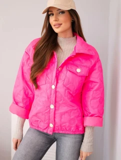 Dámská jarní prošívaná bunda s květinovým vzorem růžový neon