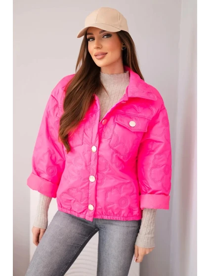 Dámská jarní prošívaná bunda s květinovým vzorem růžový neon
