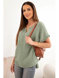 Dámská bavlněná oversize halenka s výstřihem do V a krajkou khaki