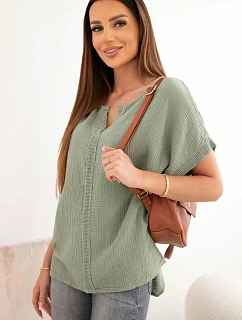 Dámská bavlněná oversize halenka s výstřihem do V a krajkou khaki