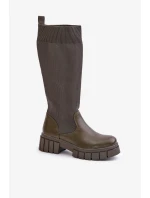 Kozačky s elastickým svrškem na plochém podpatku tmavě zelené Mesidra