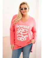 Dámská blůza Plus Size bavlněná s nápisem a výstřihem do V růžová Dámská blůza Plus Size bavlněná s nápisem a výstřihem do V růžová