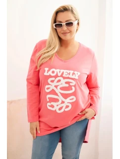 Dámská blůza Plus Size bavlněná s nápisem a výstřihem do V růžová