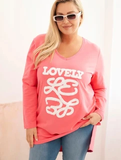 Dámská blůza Plus Size bavlněná s nápisem a výstřihem do V růžová