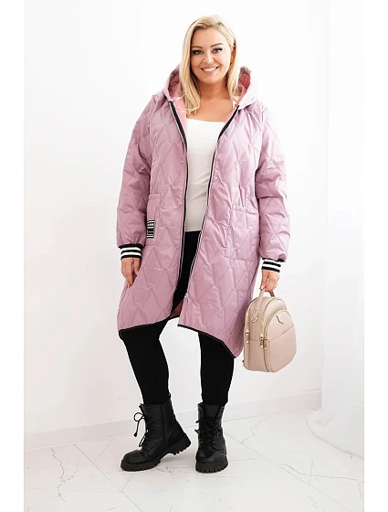 Dámská bunda Plus Size prošívaná s kapucí a model 21486145 manžetami tmavě růžová - K-Fashion