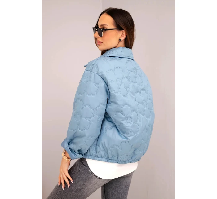 Dámská jarní prošívaná bunda s květinovým vzorem džínová zelená