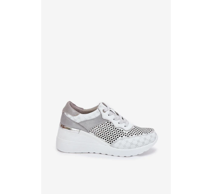 Kožené Ažurové Sportovní Boty Sneakers Na Klínu Bílé model 21691047 - S.Barski Kožené Ažurové Sportovní Boty Sneakers Na Klínu Bílé model 21691047 - S.Barski