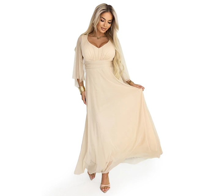 Dlouhé lehké třpytivé šaty 655-4 béžové - Numoco Dlouhé lehké třpytivé šaty 655-4 béžové - Numoco