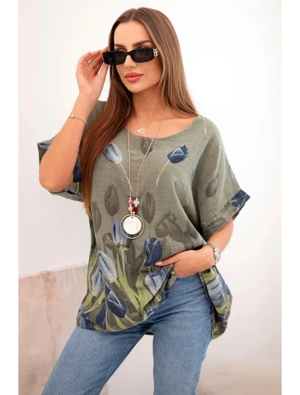 Dámská bavlněná košile s květinovým vzorem khaki Dámská bavlněná košile s květinovým vzorem khaki