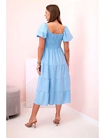 Dámské viskózové šaty s nabíranými rukávy a volánkovým topem modrý
