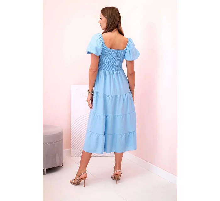Dámské viskózové šaty s nabíranými rukávy a volánkovým topem modrý