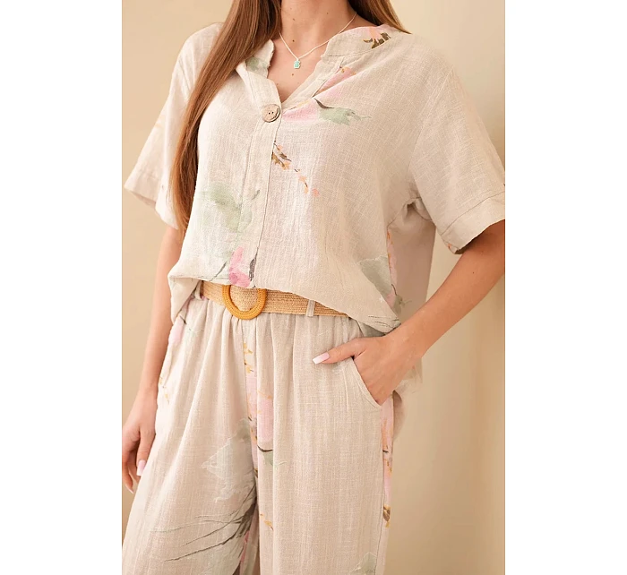 Dámský bavlněný komplet s krátkým rukávem a širokými nohavicemi béžový
