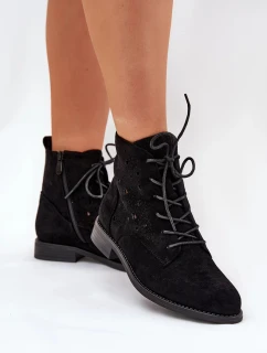 Dámské šněrovací kotníkové botky s perforovaným vzorem – černé S.Barski