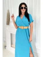 Dlouhé šaty s ozdobným páskem 6012F modré - Kesi