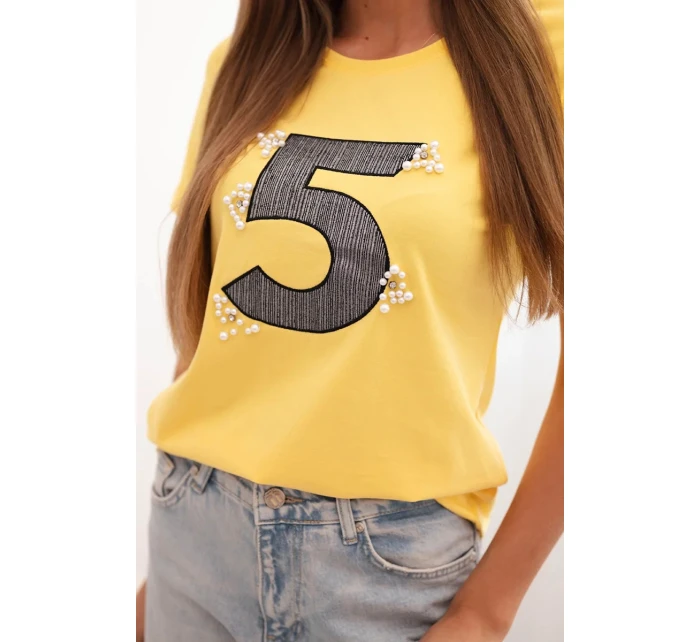 Dámská blůza s krátkým rukávem a nášivkou s perličkami žlutá