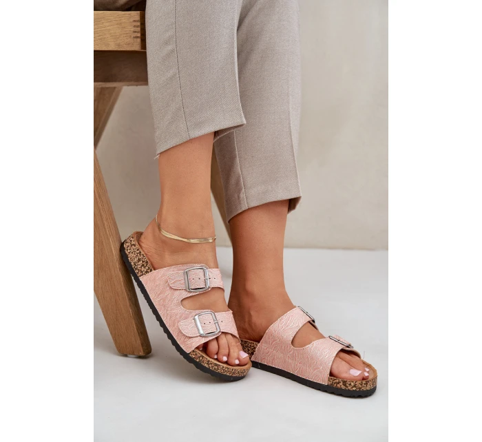 Textilové pantofle na korkové podrážce s přezkami růžové Atera Textilové pantofle na korkové podrážce s přezkami růžové Atera