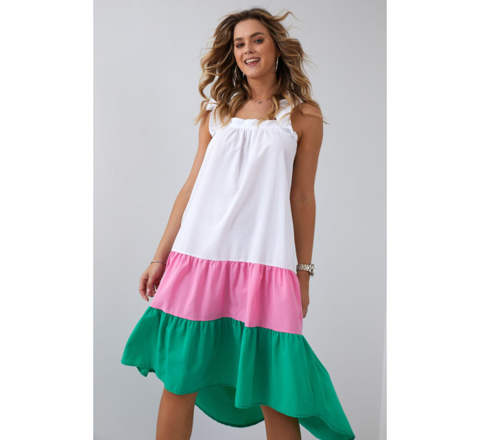 Letní šaty na ramínka s delšími zády v růžové a zelené barvě