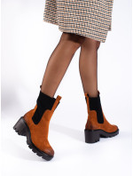 Exkluzívní  kotníčkové boty dámské hnědé na širokém podpatku