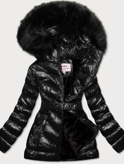 Černá lesklá zimní bunda s mechovitou kožešinou (W673)
