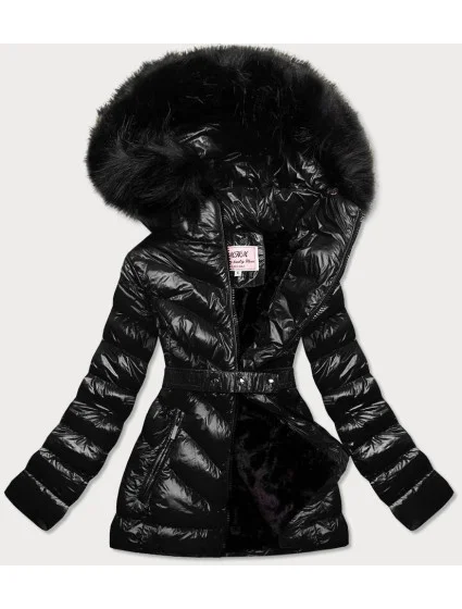 Černá lesklá zimní bunda s mechovitou kožešinovou podšívkou (w673) Černá lesklá zimní bunda s mechovitou kožešinovou podšívkou (w673)