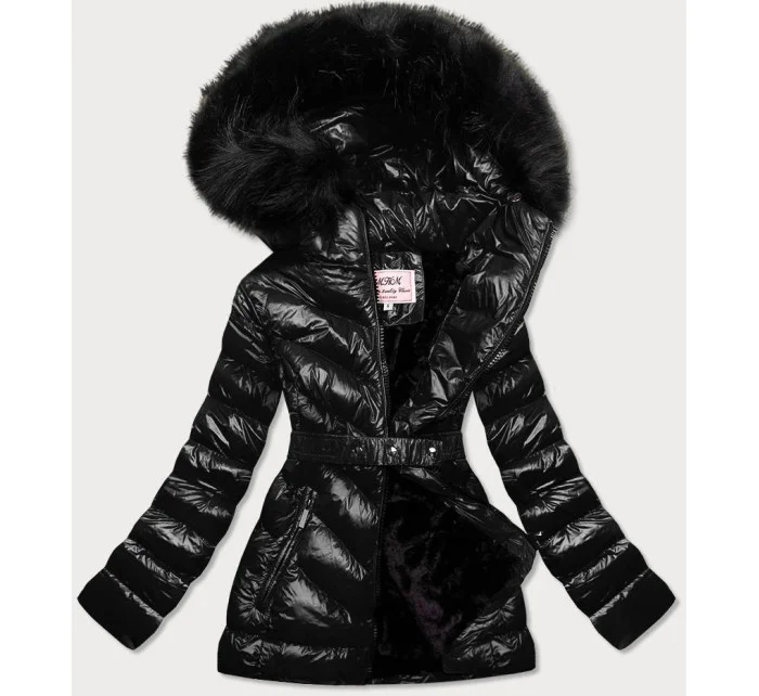 Černá lesklá zimní bunda s mechovitou kožešinovou podšívkou (w673) Černá lesklá zimní bunda s mechovitou kožešinovou podšívkou (w673)
