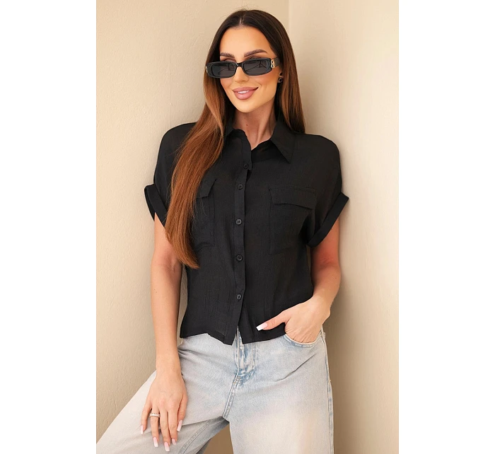 Dámská košile z viskózy s krátkým rukávem a kapsami černá