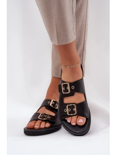 Kožené Ploché Pantofle S Přezkami Zazoo 3020 Černé