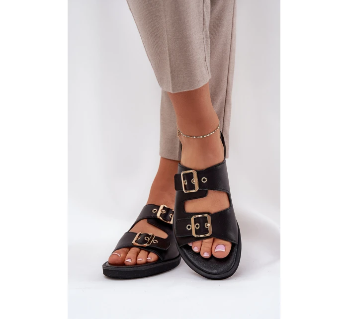 Kožené Ploché Pantofle S Přezkami Zazoo 3020 Černé