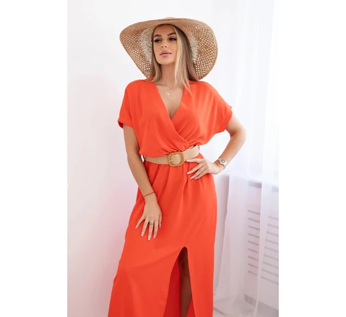 Dlouhé šaty s ozdobným páskem tmavě oranžová