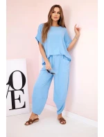 Komplet z viskózy halenka + kalhoty modrý