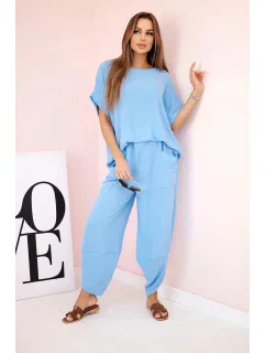 Komplet z viskózy halenka + kalhoty modrý