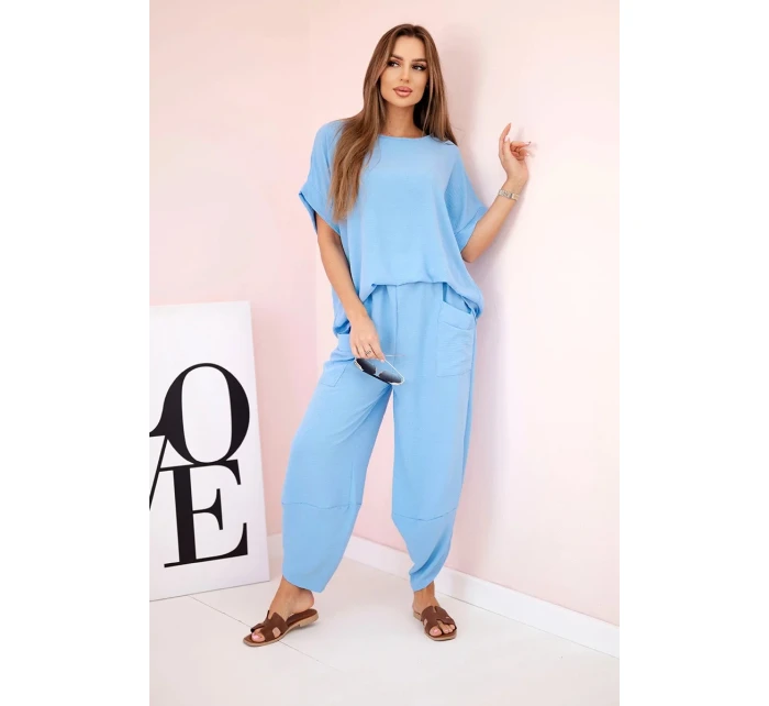 Komplet z viskózy halenka + kalhoty modrý