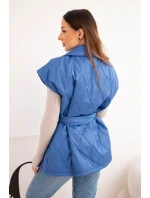 Dámská prošívaná vesta s páskem a širokým límcem chabrová