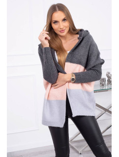 Tříbarevný svetr s kapucí grafitová+pudrově růžová+šedá