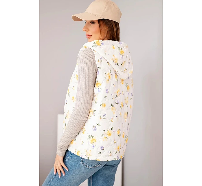 Dámská prošívaná vesta s kapucí s květinovým vzorem žlutá