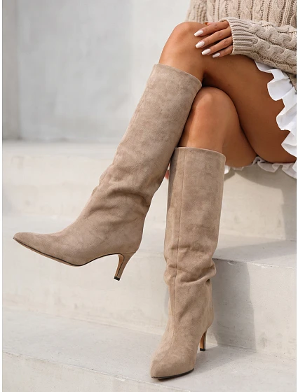 Dámské béžové semišové boty na podpatku FashionStreet ZY1489 Dámské béžové semišové boty na podpatku FashionStreet ZY1489