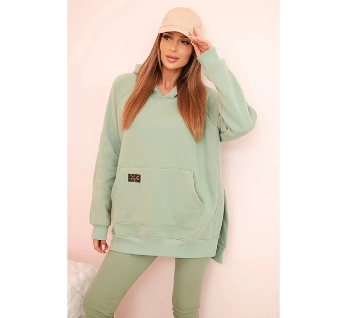 Dámská bavlněná souprava mikina s kapucí a legíny s vysokým pasem tmavá máta