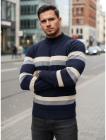 Pánský pruhovaný svetr s polovičním rolákem tmavě modrý FashionStreet WX2126