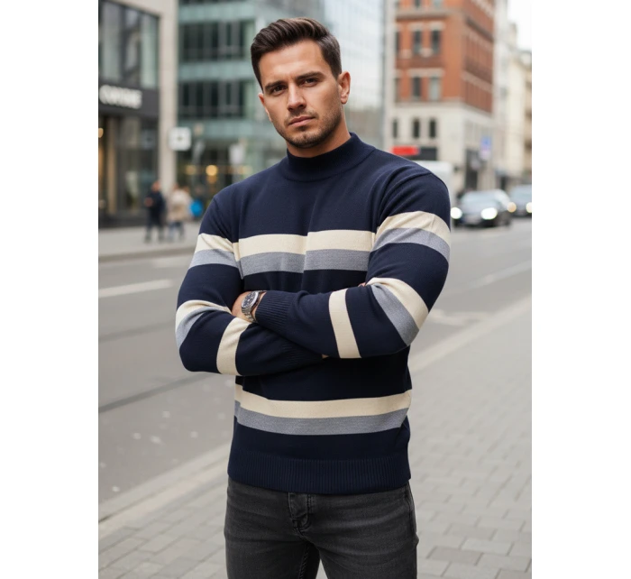 Pánský pruhovaný svetr s polovičním rolákem tmavě modrý FashionStreet WX2126
