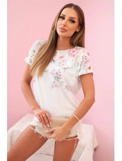 Dámská bavlněná blůza s krátkým rukávem a květinovým potiskem ecru