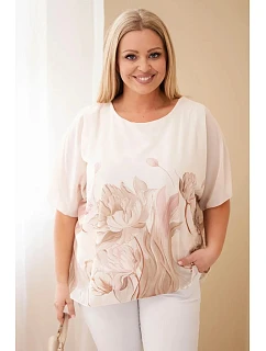 Dámská halenka Plus Size s květinovým potiskem a volným rukávem camelová
