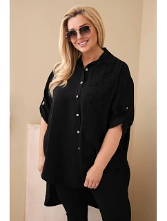 Dámská košile Plus Size z viskózy s květinovou výšivkou černá