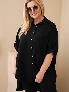 Dámská košile Plus Size z viskózy s květinovou výšivkou černá
