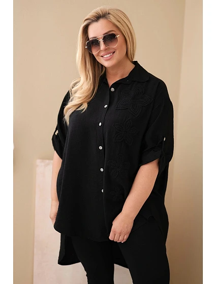 Dámská košile Plus Size z viskózy s květinovou výšivkou černá