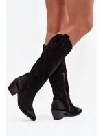 Dámské kožené kozačky na podpatku z přírodního semiše  Černé model 21725199 - Artiker