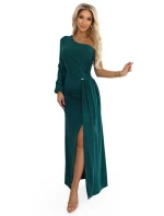 658-2 Třpytivé maxi šaty na jedno rameno s asymetrickými rukávy a rozparkem - lahvově zelené 658-2 Třpytivé maxi šaty na jedno rameno s asymetrickými rukávy a rozparkem - lahvově zelené