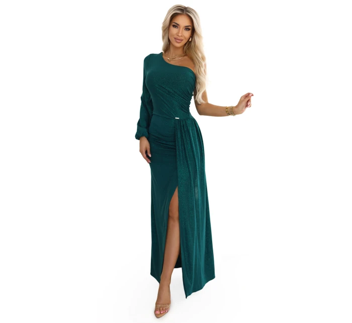 658-2 Třpytivé maxi šaty na jedno rameno s asymetrickými rukávy a rozparkem - lahvově zelené 658-2 Třpytivé maxi šaty na jedno rameno s asymetrickými rukávy a rozparkem - lahvově zelené