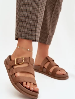 Dámské pantofle s pásky a zlatým sponou, hnědé Ulirissa